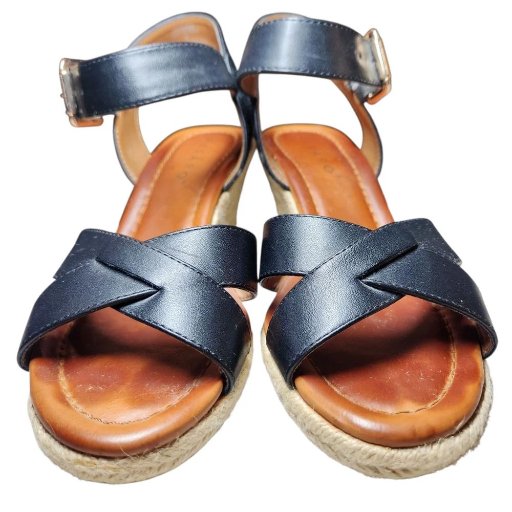 Pesaro Espadrille Wedge Black Vegan Leather Sandals Ankle Strap‎ Gold Buckle 8